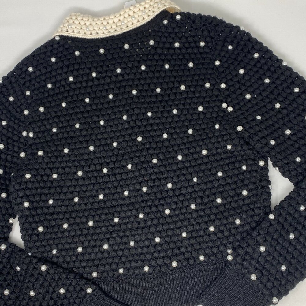 Alice + Olivia Collins Pearl Embellished Crochet Wool Black Cardigan XS NWT $595 - Picture 12 of 13